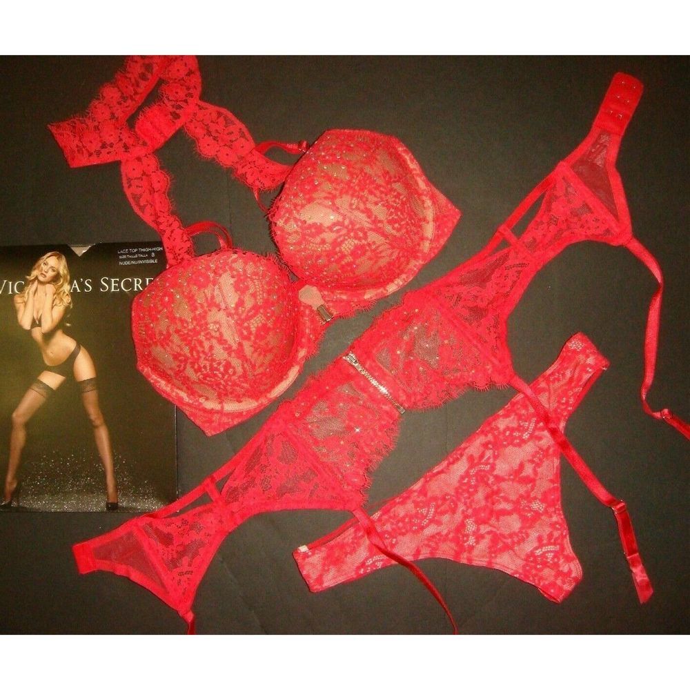 Victoria's Secret high-neck 32D,32DDD,34DDD BRA SET+garter RED crystallized lace